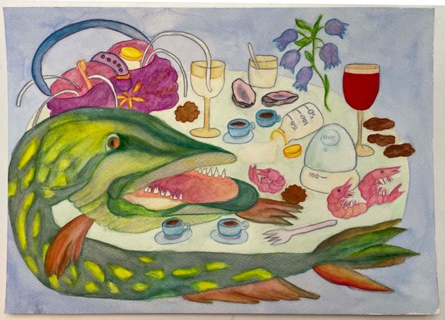 Josefin Arnell, Watercolor and mixed media on aquarelle paper , Semifreddo Pike, 2024